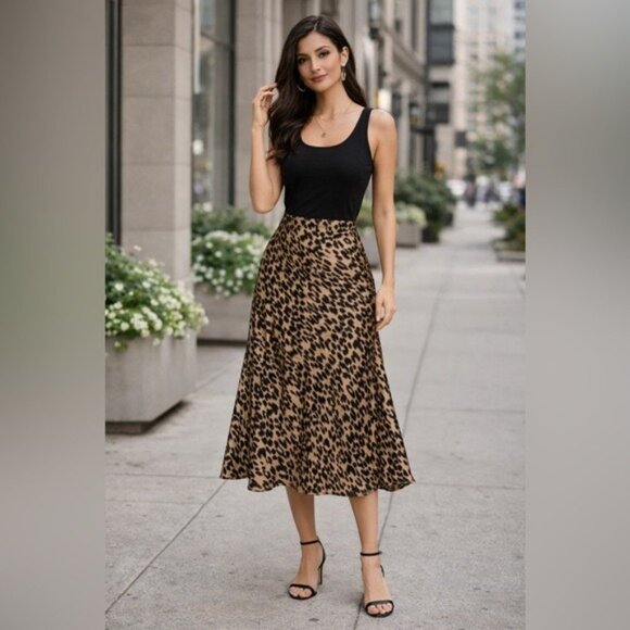 Sienna Sky Satin Leopard Print Midi Skirt Animal Print Medium - Picture 9 of 10
